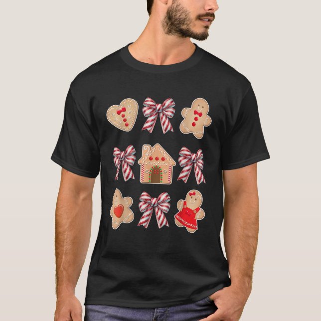 Christmas Coquette Bows Candy Canes and Gingerbrea T-Shirt (Front)