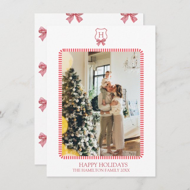 Christmas Coquette Crest Photo Grandmillennial Holiday Card (Front/Back)