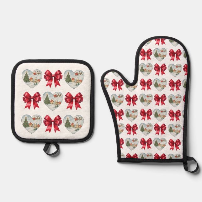 Christmas Coquette Heart and Bows Pattern Oven Mitt & Pot Holder Set (Front)
