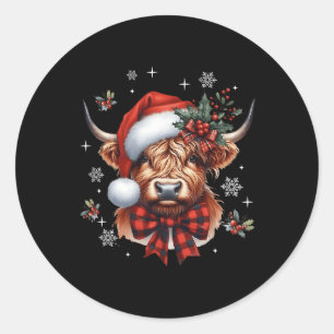 Christmas Coquette Highland Cow Cute Moo Cow Xmas Classic Round Sticker