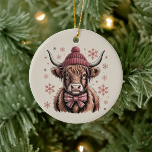 Christmas Coquette Highland Cow Western Farmer Ceramic Ornament