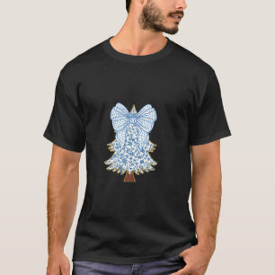 Christmas Coquette Tree Blue Floral with Big Bow D T-Shirt