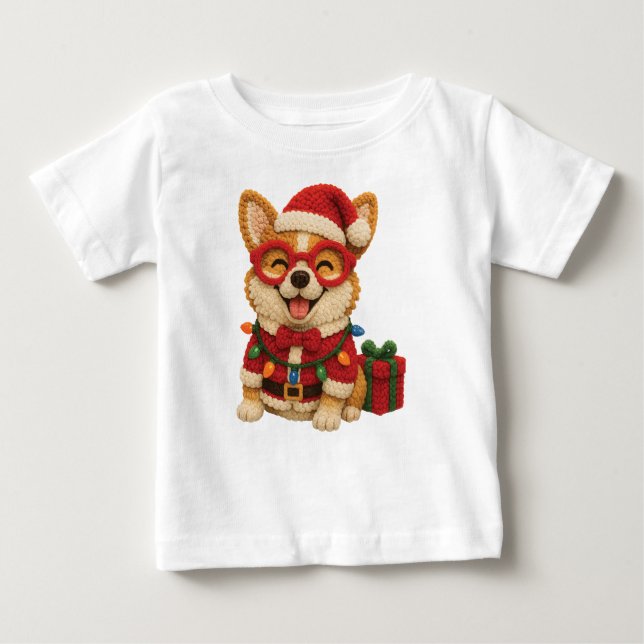 Christmas Corgi Crochet Look Baby T-Shirt (Front)