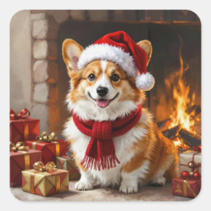 Christmas Corgi Dog by the Fireplace Square Sticker