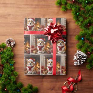 Christmas Corgi Dog by the Fireplace Wrapping Paper