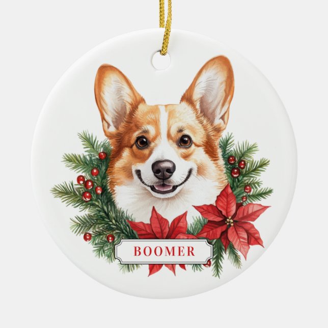 Christmas Corgi Dog Ceramic Circle Ornament (Front)