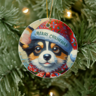 Christmas Corgi Dog Puppy w/Santa Hat Ceramic Ornament