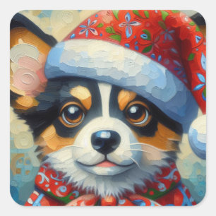 Christmas Corgi Dog Puppy w/Santa Hat Square Sticker