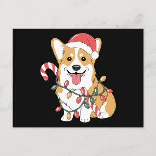 Christmas Corgi Dog Santa Hat Lights Candy Cane Holiday Postcard