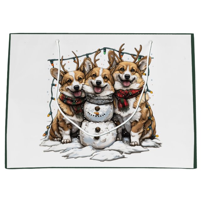 Christmas Corgi Dogs Snowman Large Gift Bag (Front)