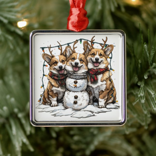 Christmas Corgi Dogs Snowman Metal Ornament (Tree)