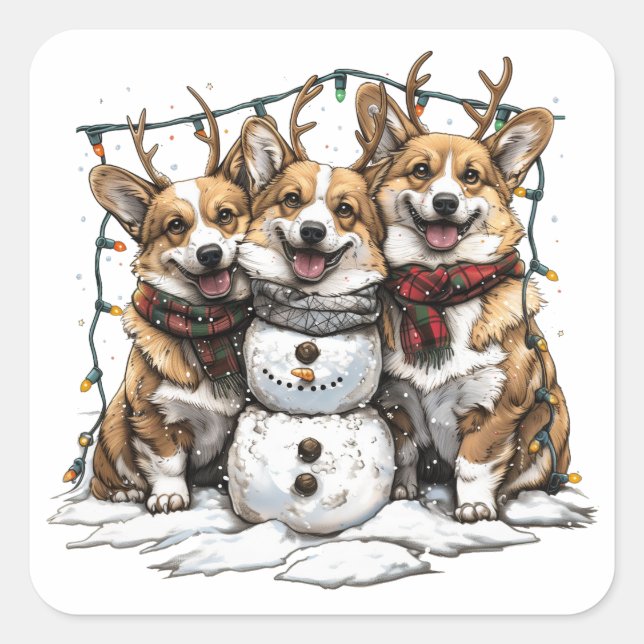 Christmas Corgi Dogs Snowman Square Sticker (Front)