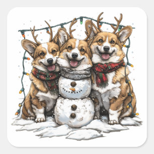 Christmas Corgi Dogs Snowman Square Sticker