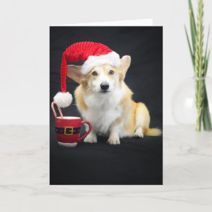 Christmas Corgi in Cap with Cup and Candy Cane Card