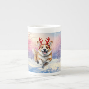Christmas Corgi Reindeer antlers leaping in snow Bone China Mug