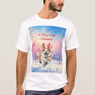 Christmas Corgi Reindeer antlers leaping in snow T-Shirt