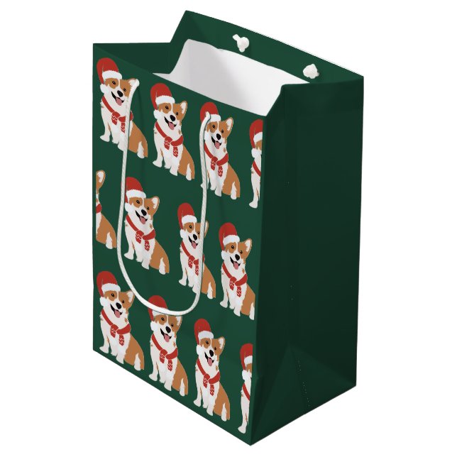 Christmas Corgi Santa Hat - Rich Evergreen Pine Medium Gift Bag (Front Angled)