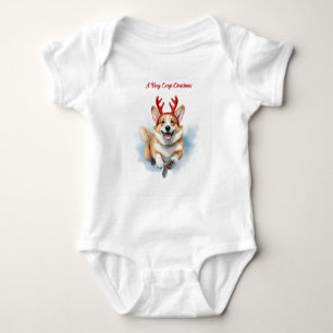 Christmas Corgi with Reindeer antlers leaping Baby Bodysuit