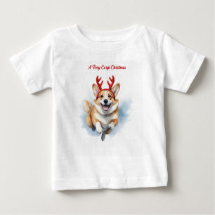 Christmas Corgi with Reindeer antlers leaping Baby T-Shirt