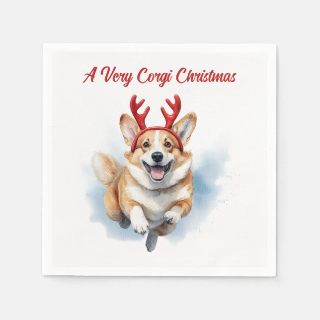Christmas Corgi with Reindeer antlers leaping  Napkin (Front)