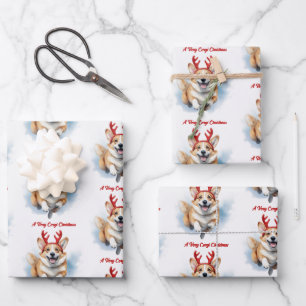 Christmas Corgi with Reindeer antlers leaping Wrapping Paper Sheet