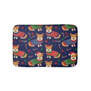 Christmas Corgis: Festive Vintage Illustration. Bath Mat