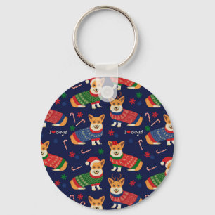 Christmas Corgis: Festive Vintage Illustration. Key Ring