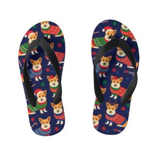 Christmas Corgis: Festive Vintage Illustration. Kid's Thongs