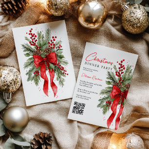 Christmas Corporate Party Watercolor Pine Red Bow  Invitation