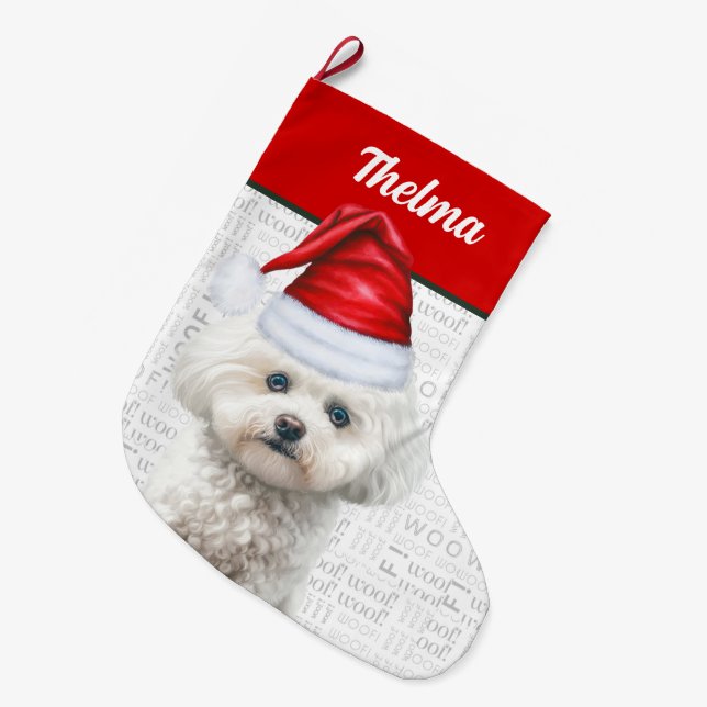 Christmas Coton de Tulear Name Woof Background Large Christmas Stocking (Front (Hanging))