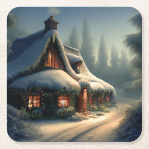 Christmas Cottage 4 Square Paper Coaster