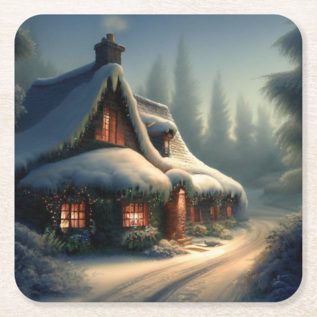 Christmas Cottage 4 Square Paper Coaster (Front)