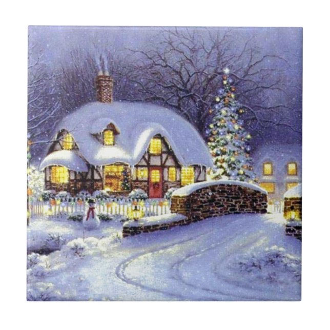 Christmas Cottage Ceramic Tile (Front)