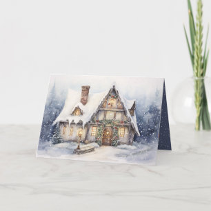Christmas Cottage In Snowflakes Holiday Card