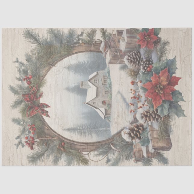 Christmas Cottage Vintage Wreath Pine Decoupage Tissue Paper (Front)