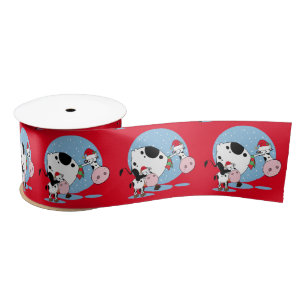 Christmas Country Cows with Santa Hats Ribbon Satin Ribbon