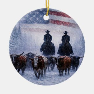 Christmas Country Western Cowboy Cattle Ceramic Ornament