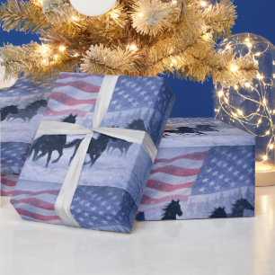 Christmas Country Western Horses American Flag Wrapping Paper