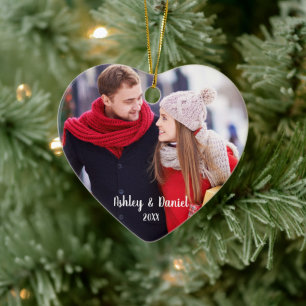 Christmas Couple Photo Red Heart Ceramic Ornament