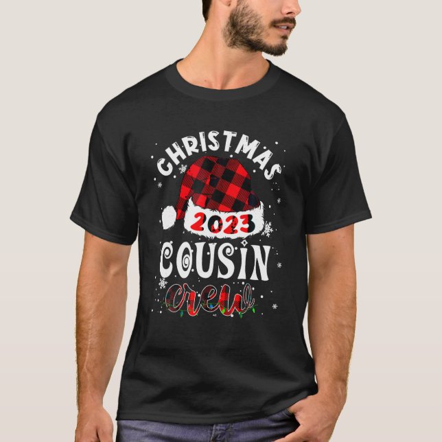 Christmas Cousin Crew 2023 Santa Hat Buffalo Plaid T-Shirt (Front)