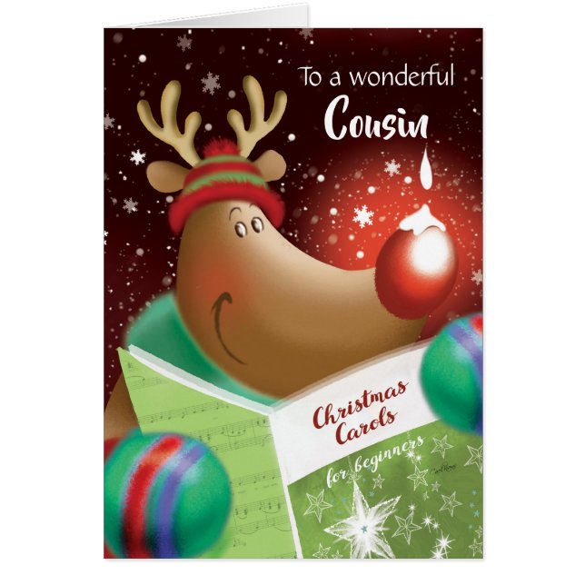 Christmas, Cousin. Snowdrop on Red Nose Deer (Front)