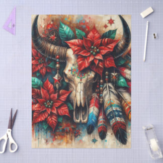 Christmas Cow Bull Skull Poinsettias Decoupage Tissue Paper