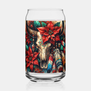 Christmas Cow Bull Skull Poinsettias Feathers Can Glass
