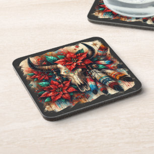 Christmas Cow Bull Skull Poinsettias Feathers Coaster