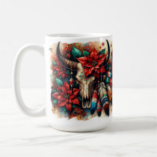 Christmas Cow Bull Skull Poinsettias Feathers Coffee Mug