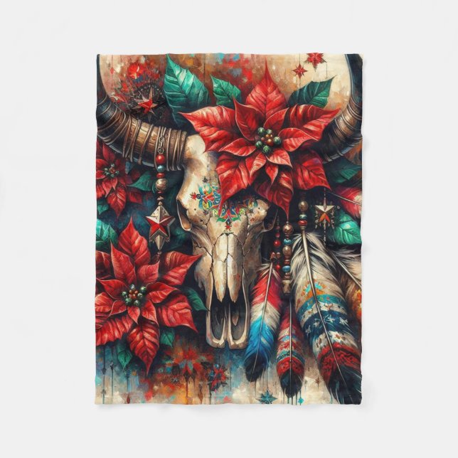 Christmas Cow Bull Skull Poinsettias Feathers Fleece Blanket (Front)