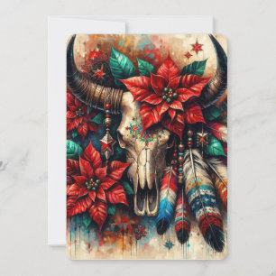 Christmas Cow Bull Skull Poinsettias Feathers Holiday Card