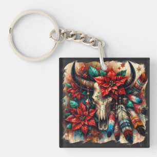 Christmas Cow Bull Skull Poinsettias Feathers Key Ring