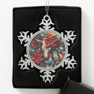 Christmas Cow Bull Skull Poinsettias Feathers Snowflake Pewter Christmas Ornament