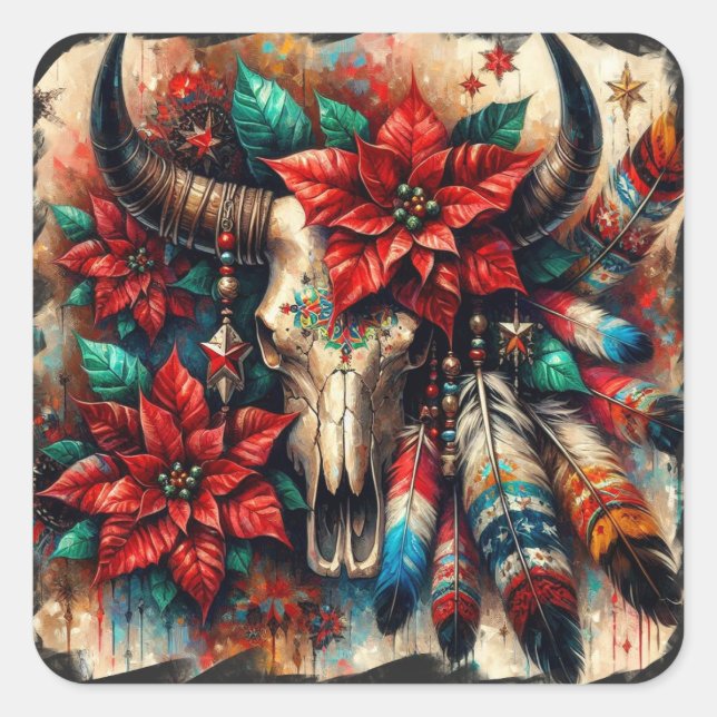 Christmas Cow Bull Skull Poinsettias Feathers Square Sticker (Front)